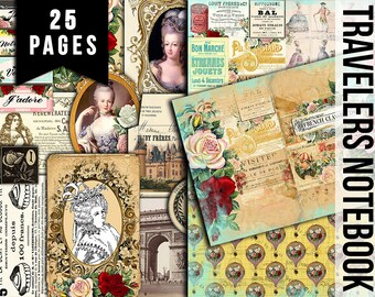 Paris Travelers Notebook, French Junk Journal Kit -25Pg Digital Download- travelers notebook, fauxdori insert, midori print, Paris printable