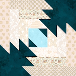 Puede incluir: Diseño abstracto de bloque de edredón geométrico con un cuadrado azul claro central, rodeado de varias telas estampadas. Las telas incluyen patrones florales, geométricos y damasco en colores crema, beige y verde azulado. El diseño tiene una estética de patchwork.