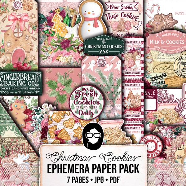 Pink Christmas Printable, Ephemera Fussy Cuts -7pg Digital Download- Junk Journal DIY Kit, Pockets, Envelopes, Labels, Tags, Cards, Titles