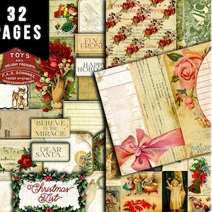 Christmas Junk Journal - 32 journaling pages - Christmas List, lined journal pages, grungy pages digital, xmas clipart, junk journal kit