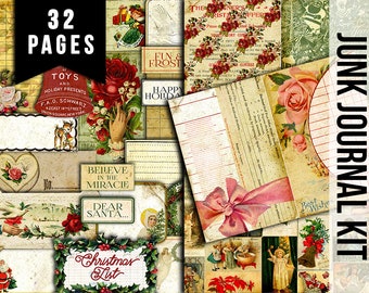 Christmas Junk Journal - 32 journaling pages - Christmas List, lined journal pages, grungy pages digital, xmas clipart, junk journal kit