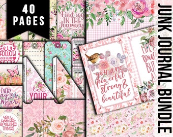 Pink Journal Kit, Printable Journal Bundle -40pg Digital Download- Affirmations Kit, Positive Quotes, Journaling Ephemera, Pink Printables