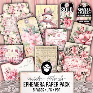 Pink Christmas Printable, Ephemera Fussy Cuts -5pg Digital Download- Junk Journal DIY Kit, Pockets, Envelopes, Labels, Tags, Cards, Titles
