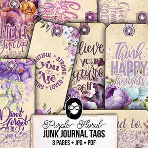 Purple Junk Journal Tags, Journaling Tags -3pg Instant Download- Motivational Quotes, Vintage Printable Tags for Junk Journals, Ephemera Kit
