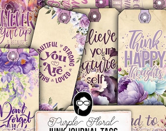 Purple Junk Journal Tags, Journaling Tags -3pg Instant Download- Motivational Quotes, Vintage Printable Tags for Junk Journals, Ephemera Kit