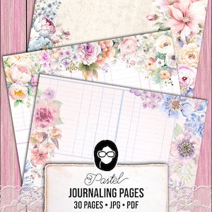 Pastel Junk Journal Pages, Scrapbook Paper -30pg Digital Download- Lined Journaling Pages, Spring Flowers, Shabby Chic Digital Paper