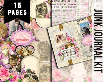 Cat Junk Journal Kit - Kitten Memoirs Ephemera Pack - 15 Pg Instant Download - vintage paper digital kit, fussy cut images, journal cards