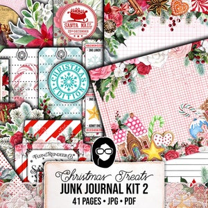 Christmas Junk Journal Kit, Pink Christmas Printable -41pg Digital Download- Journaling Pages, Word Labels, Holiday Notecards, Gift Tags