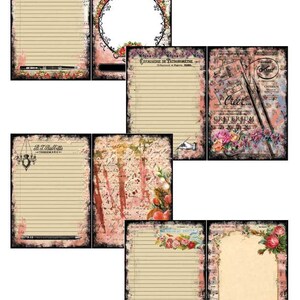 May include: Six printable journal pages with a vintage aesthetic. Each page features a different design with floral accents, handwritten text, and lined paper. The pages are perfect for journaling, scrapbooking, or other creative projects.