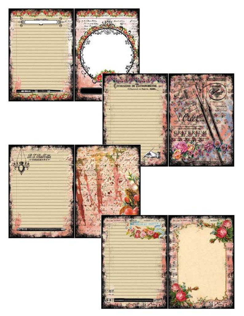 May include: Six printable journal pages with a vintage aesthetic. Each page features a different design with floral accents, handwritten text, and lined paper. The pages are perfect for journaling, scrapbooking, or other creative projects.