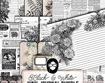 Può includere: Un pacchetto di junk journal in bianco e nero con elementi d'epoca, illustrazioni floreali e carta a righe. Include etichette, ricevute e stampe botaniche. Il pacchetto contiene 46 pagine in formati JPG e PDF.