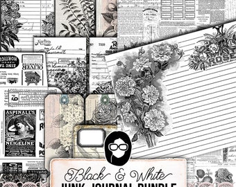 Ink Saving, Neutral Journal Ephemera, Bundle #10 -46pg Digital Download- Ephemera Kit, For Junk Journaling, Black And White, Beige, Collage