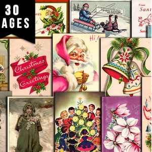 Printable Christmas Ephemera, Junk Journal Pages -30pg Digital Download- Poinsettia bouquet, Retro Santa, Scrapbook Ephemera Pack, Antique