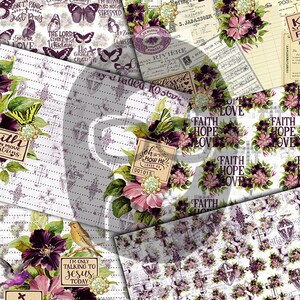 May include: A collage of digital papers featuring floral designs, crosses, and inspirational quotes. The papers are in shades of purple, pink, and white. The quotes include "Faith, Hope, Love", "I'm only talking to Jesus today", and "Oh how He loves us".
