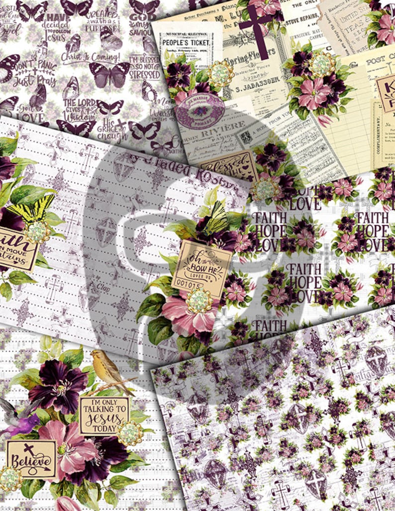 May include: A collage of digital papers featuring floral designs, crosses, and inspirational quotes. The papers are in shades of purple, pink, and white. The quotes include "Faith, Hope, Love", "I'm only talking to Jesus today", and "Oh how He loves us".