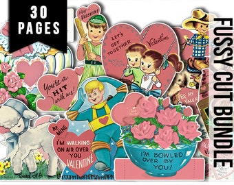 Ephemera Fussy Cuts, Retro Pink Valentine's Day Cards -30pg Digital Download- Junk Journal Printables, Paper Craft PDF JPEG, Shabby Chic
