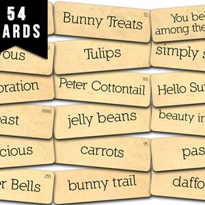 Op de afbeelding: Een set van 54 kaarten met woorden die te maken hebben met Pasen en de lente. De woorden zijn: "Bunny Treats", "Tulips", "Peter Cottontail", "Jelly Beans", "Carrots", "Bunny Trail", "You belong among the flowers", "Simply spring", "Hello Sunshine", "Beauty in bloom", "Pastel", "Daffodils", "Celebration", "Feast", "Delicious", "Easter Bells".
