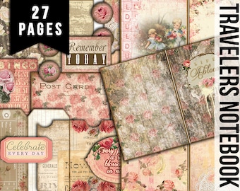 Fauxdori Inserts - Life Abloom Junk Journal Kit -27pg Digital Download - traveler notebook, midori journal pages, pink roses, shabby chic