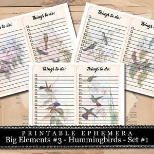 Altered Art Kit Big Elements 3 Hummingbirds 1 3 Pg Instant Download to do list, journal cards, digital journal card, floral clipart image 1