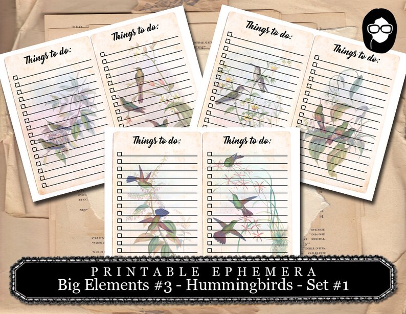 Altered Art Kit Big Elements 3 Hummingbirds 1 3 Pg Instant Download to do list, journal cards, digital journal card, floral clipart image 1