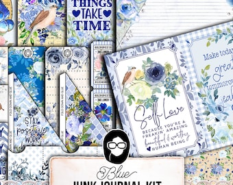 Blue Digital Paper, Printable Journal Bundle -40pg Digital Download- Affirmations Kit, Positive Quotes, Journaling Ephemera, For Women