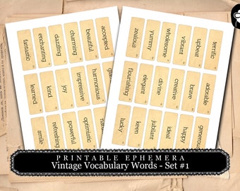 Vintage Vocabulary Cards Set #1 - 2 Page Instant Download - ephemera pack, altered art kit, junk journal kit, blank journal cards