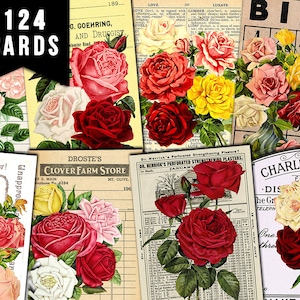 Junk Journal Cards, Printable Vintage Art -30pg Digital Download- Ephemera Paper Pack, Note cards, Red Roses, Shabby Chic Pink Roses,