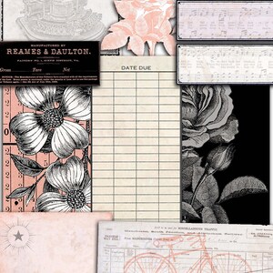 May include: A vintage-style printable journal page with a grid pattern, a black and white floral illustration, and a black and white illustration of a typewriter. The page also includes a section for a date due, a section for a title, and a section for notes. The page is printed on a cream-colored paper.