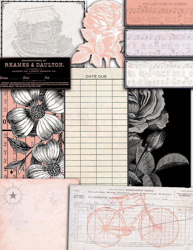 May include: A vintage-style printable journal page with a grid pattern, a black and white floral illustration, and a black and white illustration of a typewriter. The page also includes a section for a date due, a section for a title, and a section for notes. The page is printed on a cream-colored paper.
