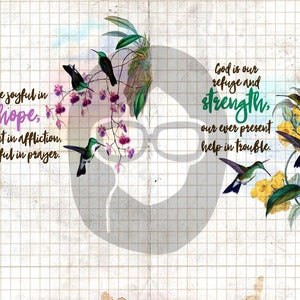 Pode incluir: Uma ilustra&ccedil;&atilde;o em aquarela de beija-flores em voo com flores e folhas. O texto diz "Seja alegre na esperan&ccedil;a, paciente na afli&ccedil;&atilde;o, fiel na ora&ccedil;&atilde;o." e "Deus &eacute; o nosso ref&uacute;gio e for&ccedil;a, a nossa ajuda sempre presente na dificuldade."