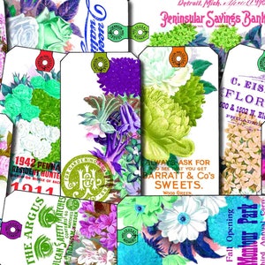 Vintage Junk Journal Tags Neon Flowers 2.0 - Set #5 - 3 Page Instant Download, digital journal card, junk journal printable kit