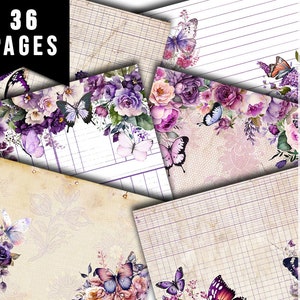 Junk Journal Pages, Butterfly Journal Printable -36pg Digital Download- Purple Digital Paper, Lined Journal Pages, Digital Scrapbook Paper