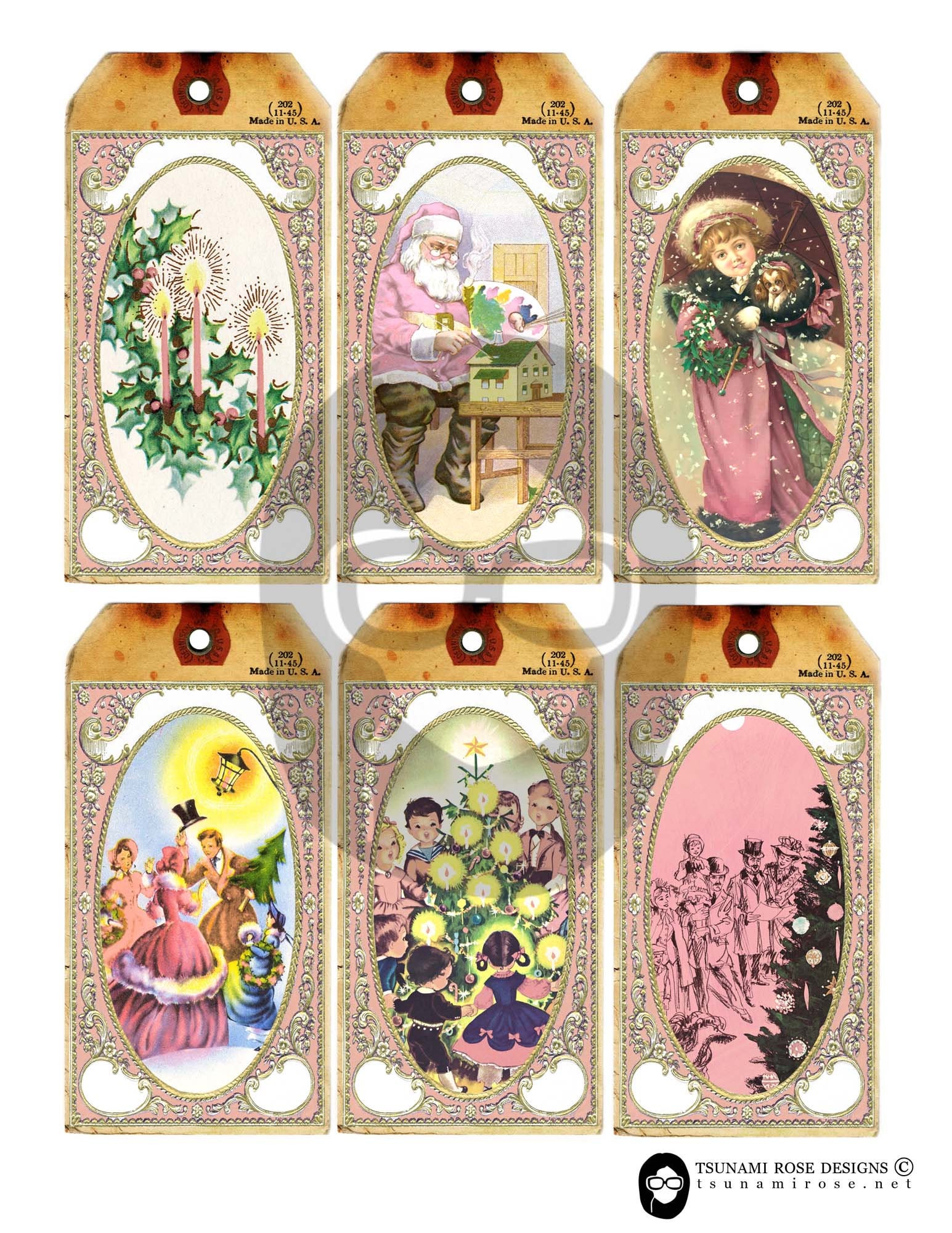 Pink Christmas Vintage Shipping Tag - 3 Page Instant Download