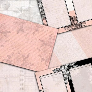 May include: A digital collage featuring vintage-style paper with floral patterns and handwritten text. The collage includes a calendar page, a gridded page, and a page with a floral design. The colors are pink, black, and white.