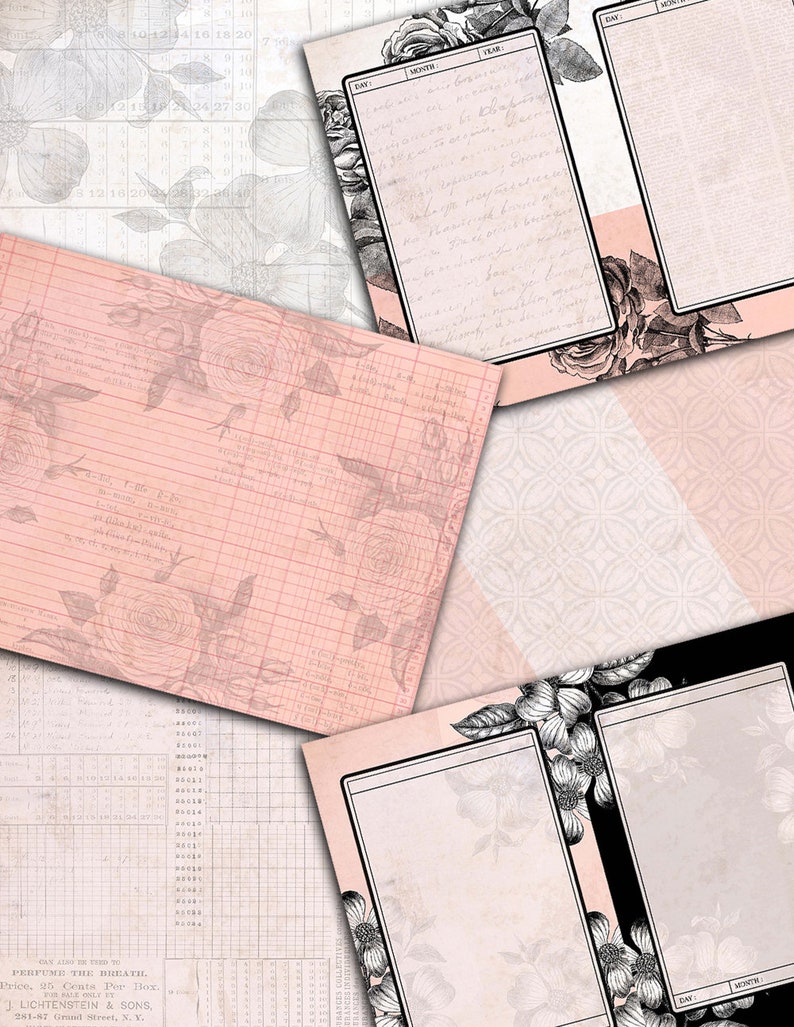 May include: A digital collage featuring vintage-style paper with floral patterns and handwritten text. The collage includes a calendar page, a gridded page, and a page with a floral design. The colors are pink, black, and white.