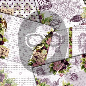 May include: A digital collage sheet with a vintage aesthetic featuring floral patterns, birds, angels, and inspirational quotes. The sheet includes the text "Be Still and Know That I Am Your God Psalm 46:10", "It Is Time to Seek", "Jesus is Essential", "But Perfect Love Casts Out Fear", and "He is Risen".