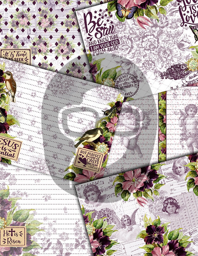 May include: A digital collage sheet with a vintage aesthetic featuring floral patterns, birds, angels, and inspirational quotes. The sheet includes the text "Be Still and Know That I Am Your God Psalm 46:10", "It Is Time to Seek", "Jesus is Essential", "But Perfect Love Casts Out Fear", and "He is Risen".