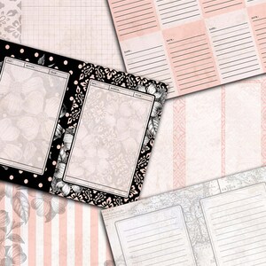 May include: A set of printable journal pages with floral designs and a vintage aesthetic. The pages include lined sections, blank spaces, and a calendar format.