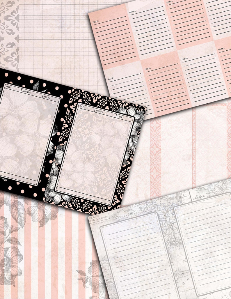 May include: A set of printable journal pages with floral designs and a vintage aesthetic. The pages include lined sections, blank spaces, and a calendar format.