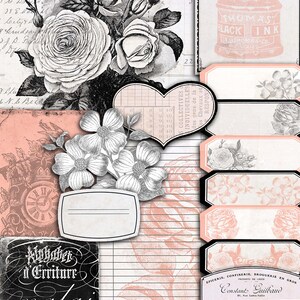 May include: A digital collage of vintage images, including a black and white floral illustration, a heart-shaped grid, a clock face, a black and white alphabet chart, a pink and white striped background, and a label with the text "Constant Guilband" in black and white.