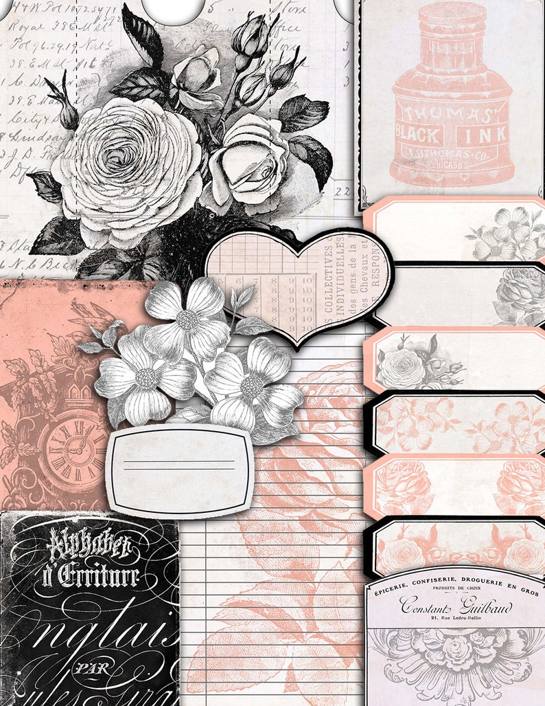 May include: A digital collage of vintage images, including a black and white floral illustration, a heart-shaped grid, a clock face, a black and white alphabet chart, a pink and white striped background, and a label with the text "Constant Guilband" in black and white.