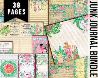 Puede incluir: Un paquete de 39 páginas de diario de chatarra imprimibles digitales con un tema navideño. Las páginas incluyen una variedad de diseños, como una tarjeta de bingo, una lista de Navidad y una página con un hombre de jengibre y una taza de chocolate caliente. Las páginas están decoradas con acebo, bayas y otros elementos festivos.