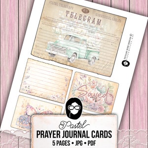 K&ouml;nnte beinhalten: F&uuml;nf pastellfarbene, druckbare Gebetsjournal-Karten mit Blumendesigns, einem Oldtimer-LKW und inspirierenden Texten. Die Karten enthalten den Text "Gott ist alles", "Jesus hat mein Leben gerettet" und "Pastellfarbene Gebetsjournal-Karten".