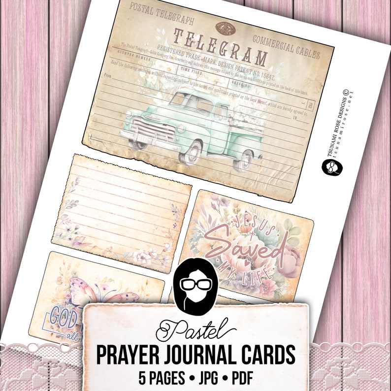 K&ouml;nnte beinhalten: F&uuml;nf pastellfarbene, druckbare Gebetsjournal-Karten mit Blumendesigns, einem Oldtimer-LKW und inspirierenden Texten. Die Karten enthalten den Text "Gott ist alles", "Jesus hat mein Leben gerettet" und "Pastellfarbene Gebetsjournal-Karten".