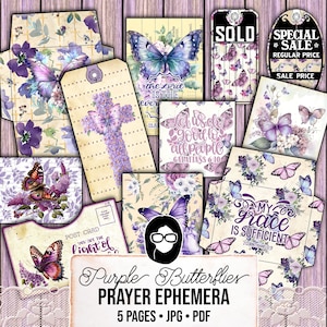 Purple Butterflies Faith Kit, Lavender Junk Journal Kit -5pg Digital Download- Religious Cards, Prayer Quotes, Bible Verse Cards, Lilac Tags