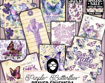 Purple Butterflies Faith Kit, Lavender Junk Journal Kit -5pg Digital Download- Religious Cards, Prayer Quotes, Bible Verse Cards, Lilac Tags