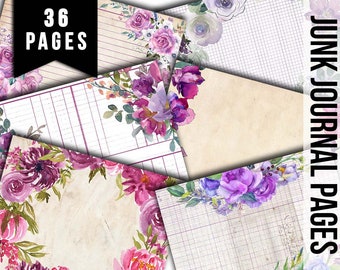Junk Journal Pages, Purple Floral Scrapbook Paper, S89 -36pg Digital Download- Ephemera Background, Collage Sheets Printable, Spring Flowers