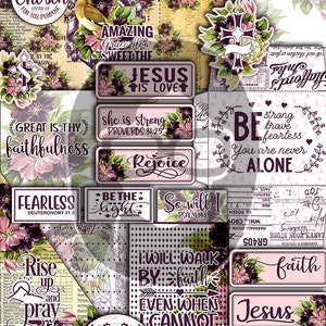 May include: A collection of digital scrapbook paper featuring floral designs and inspirational quotes. The papers feature a pink and purple color scheme with a vintage aesthetic. The quotes include "Set Apart & Chosen", "Amazing Grace How Sweet The", "Jesus Is Love", "Great Is Thy Faithfulness", "She Is Strong", "Rejoice", "Be The Light", "So Will I", "Fearless", "I Will Walk By Faith", "Even When I Cannot See", "With God All Things Are", "Strong Brave Fearless", "You Are Never Alone", "Rise Up And Pray", "Faith", "Jesus", "Created With A Purpose".