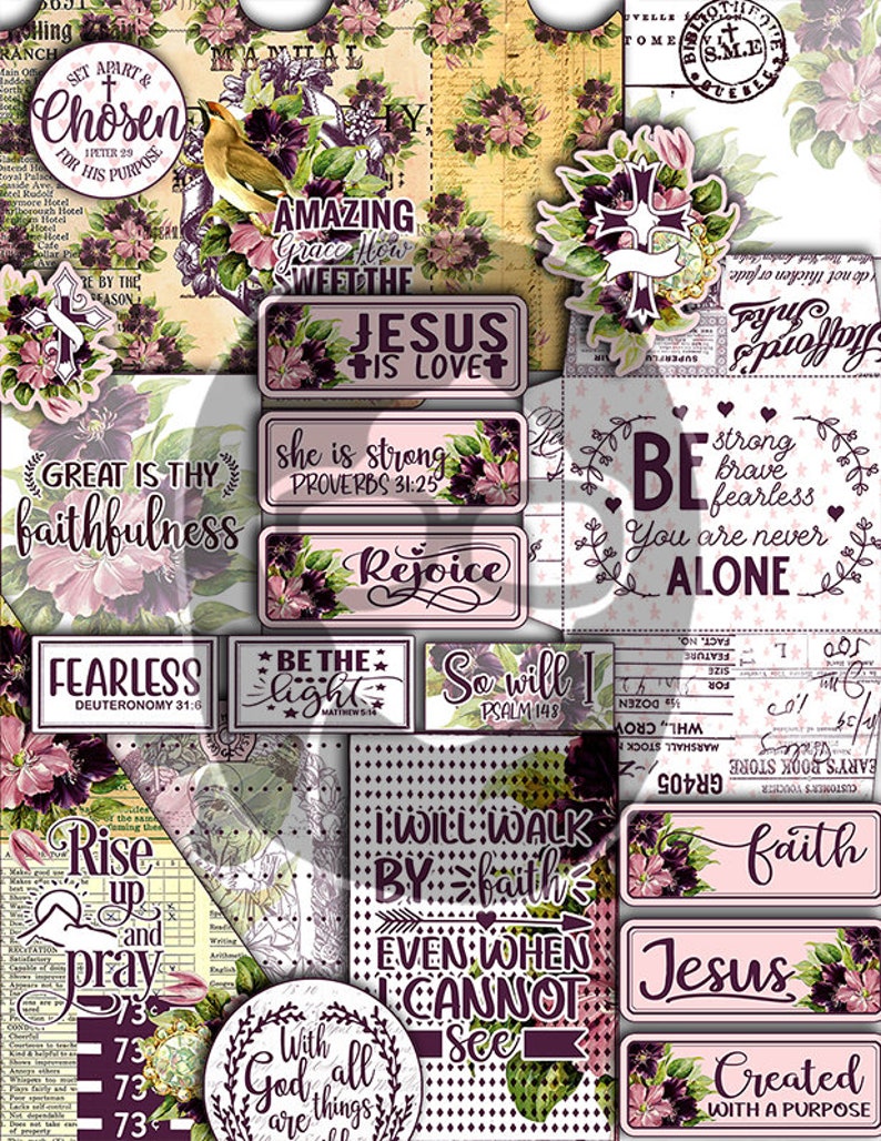 May include: A collection of digital scrapbook paper featuring floral designs and inspirational quotes. The papers feature a pink and purple color scheme with a vintage aesthetic. The quotes include "Set Apart & Chosen", "Amazing Grace How Sweet The", "Jesus Is Love", "Great Is Thy Faithfulness", "She Is Strong", "Rejoice", "Be The Light", "So Will I", "Fearless", "I Will Walk By Faith", "Even When I Cannot See", "With God All Things Are", "Strong Brave Fearless", "You Are Never Alone", "Rise Up And Pray", "Faith", "Jesus", "Created With A Purpose".