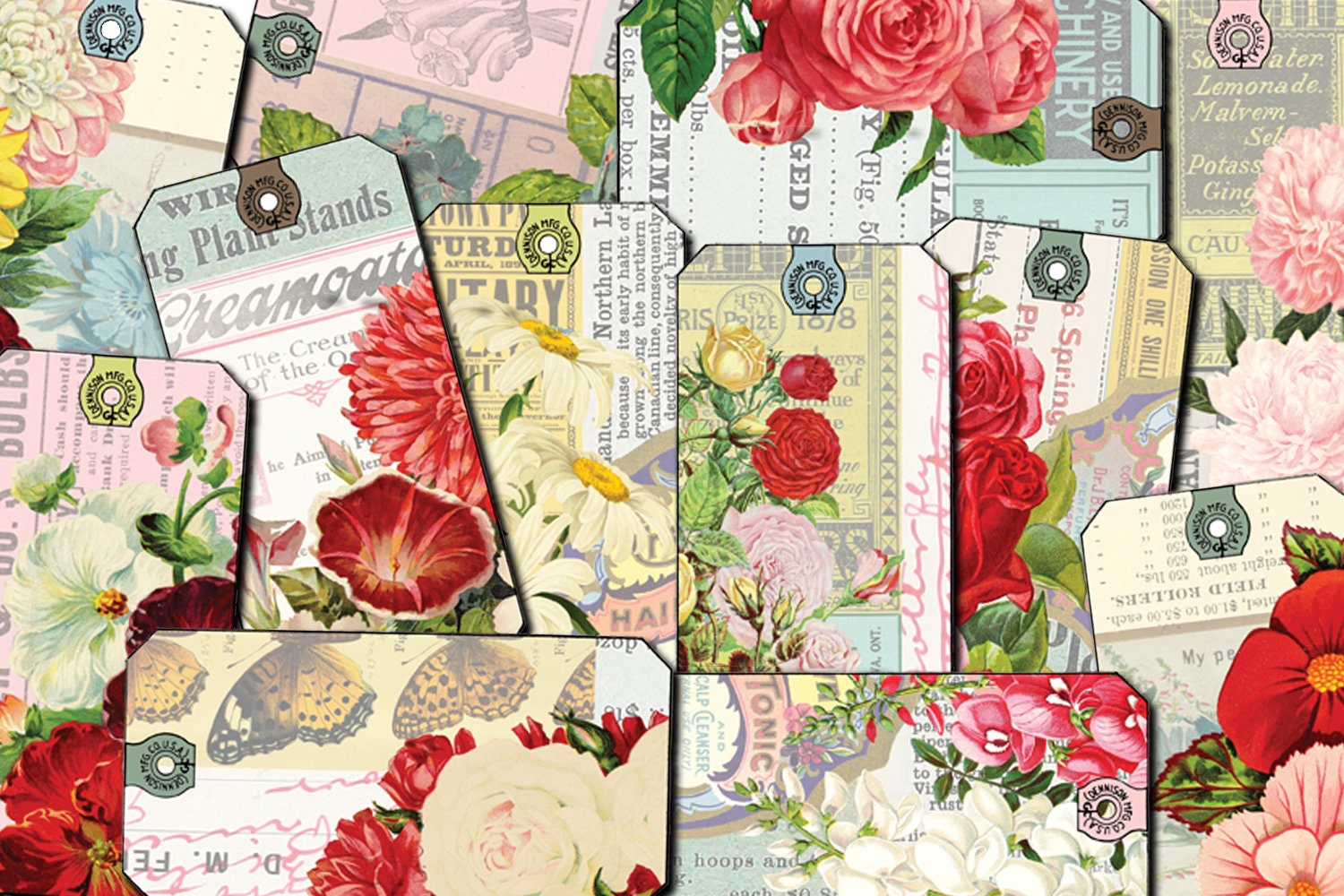 vintage junk journal tags 20 set 1 2 page instant